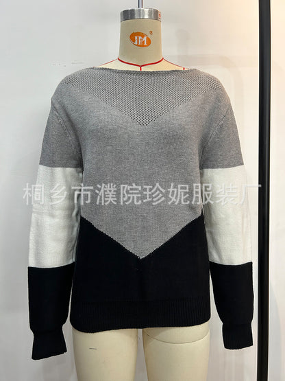 Women's Color Block Crochet Crew Neck Sweater
