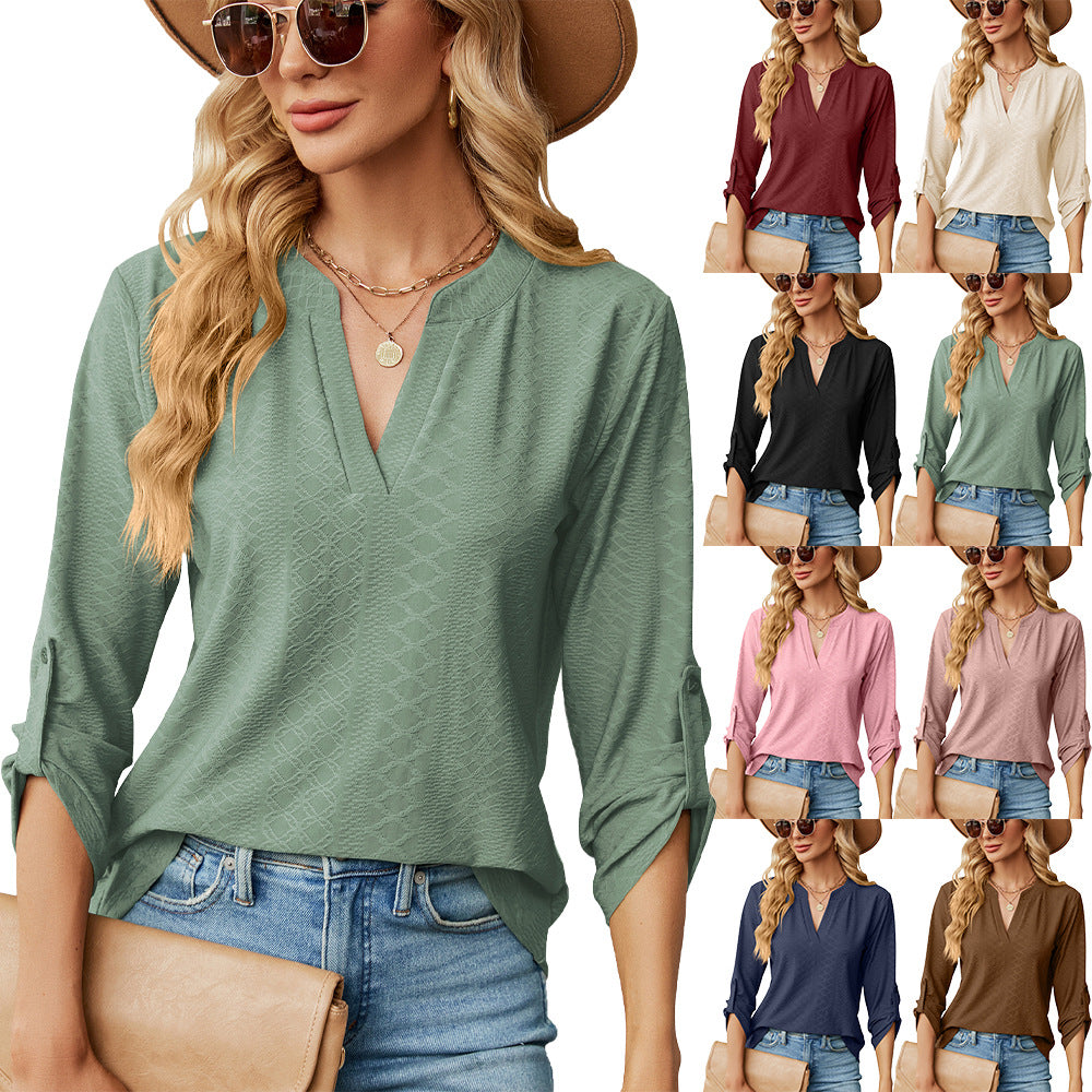 Womens V Neck 3/4 Sleeve Button Loose Tunic Top
