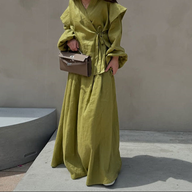 Tie Front Wrap Top & Maxi Skirt Two Piece Set