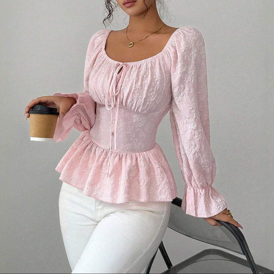 Square Neck Tie Front Peplum Top Bell Sleeve Jacquard