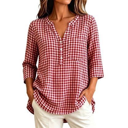 Women's Gingham V Neck 3/4 Sleeve Loose Casual Blouse