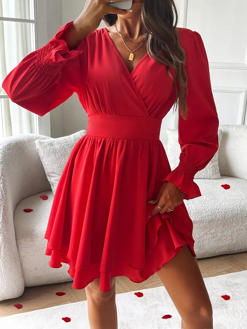 Women's V Neck Long Sleeve Layered Ruffle Mini Dress