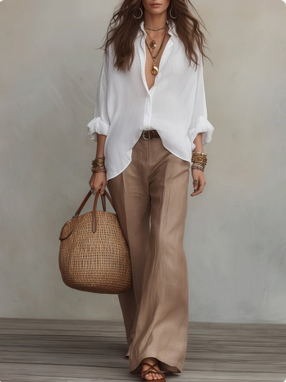 Womens Relaxed Button Down Shirt Wide Leg Pants Set