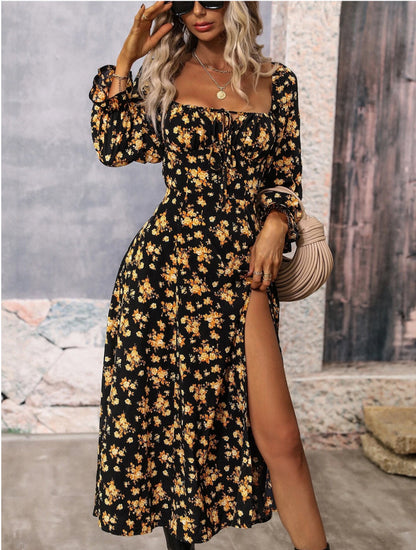 Boho Floral Square Neck Long Sleeve Maxi Dress Open Back