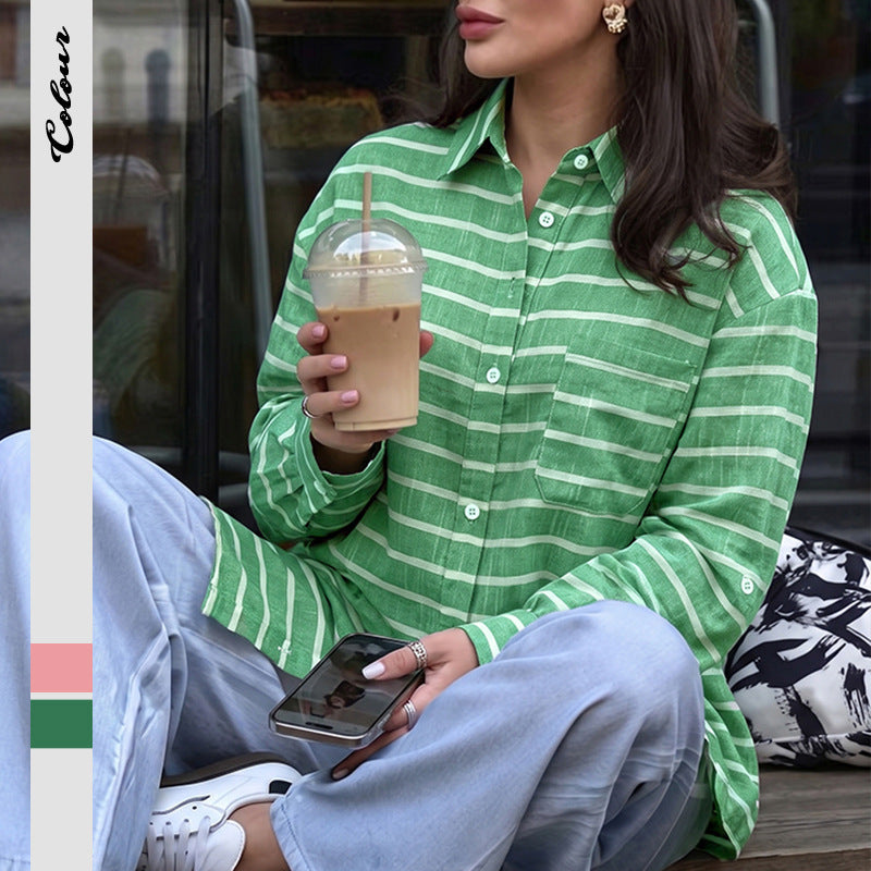 Striped Button Down Relaxed Long Sleeve Shirt