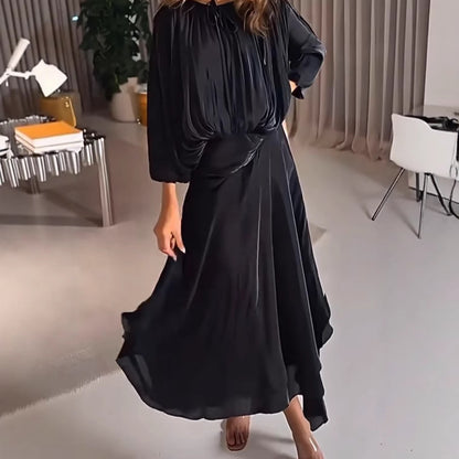 Ruched Satin Puff Sleeve A Line Maxi Dress