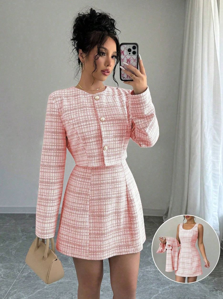 Pink Tweed Blazer & Mini Dress Two Piece Set