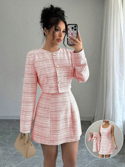 Pink Tweed Blazer & Mini Dress Two Piece Set