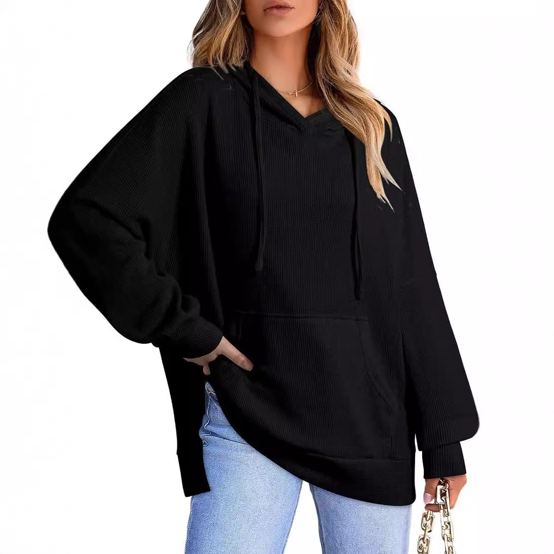 Women's Waffle Knit Hoodie Oversized Side Slit Pocket
