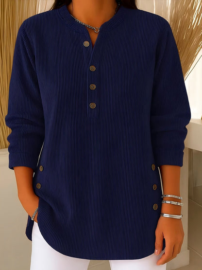 Corduroy Button Front Long Sleeve Henley Top