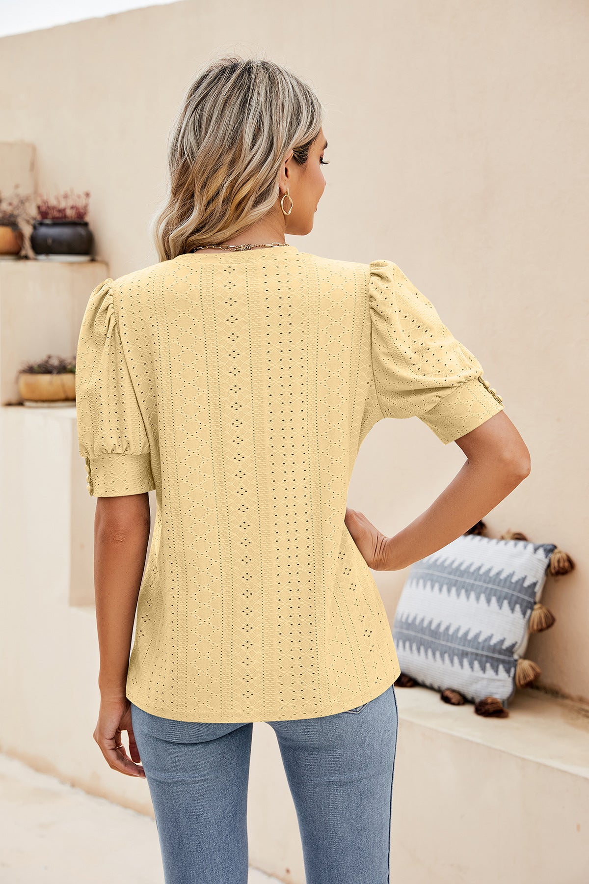 Sweet Puff Sleeve Shirt with Embroidered Cutouts