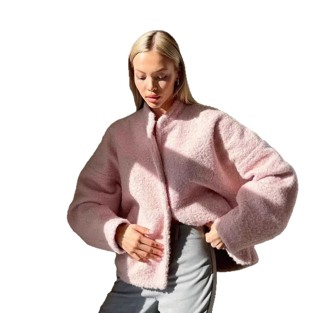 Women's Pink Cropped Sherpa Fleece Jacket Winter Coat