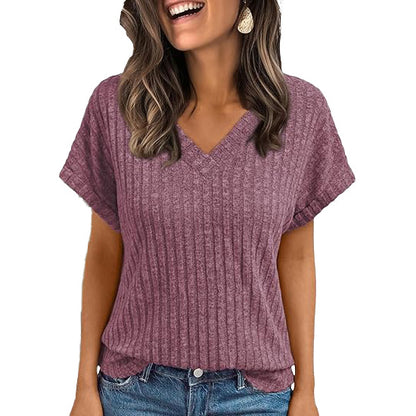 Ribbed Knit V-Neck Top – Relaxed Fit Casual Summer Tee