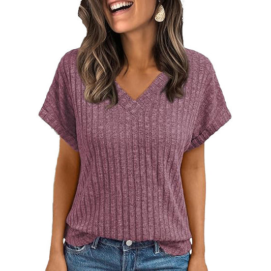 Ribbed Knit V-Neck Top – Relaxed Fit Casual Summer Tee