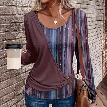 Women's Striped Color Block Tie Side Long Sleeve Top