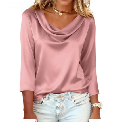Women's Satin Cowl Neck Blouse 3/4 Sleeve Top