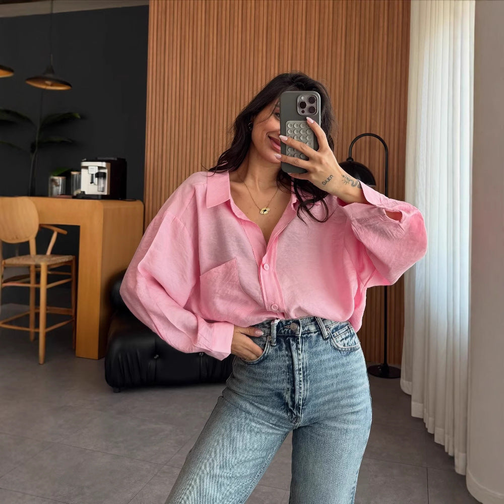 Women's Oversized Collared Pocket Button Down Shirt