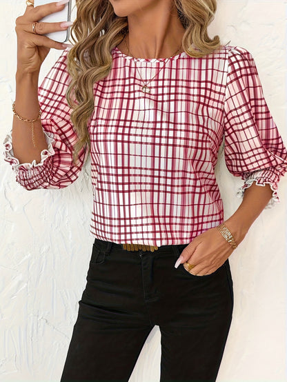 Women's Bow Print Smocked Blouse 3/4 Bell Sleeve Crew Neck