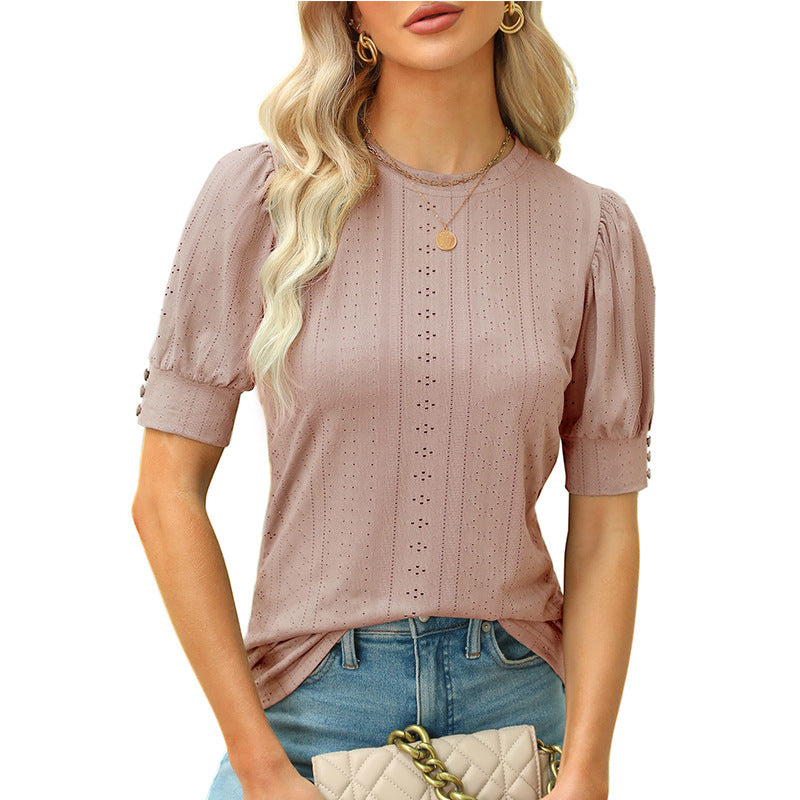 Eyelet Puff Sleeve Short Sleeve Casual Blouse Top