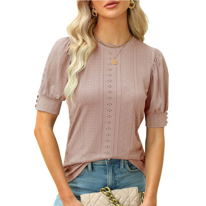 Eyelet Puff Sleeve Short Sleeve Casual Blouse Top