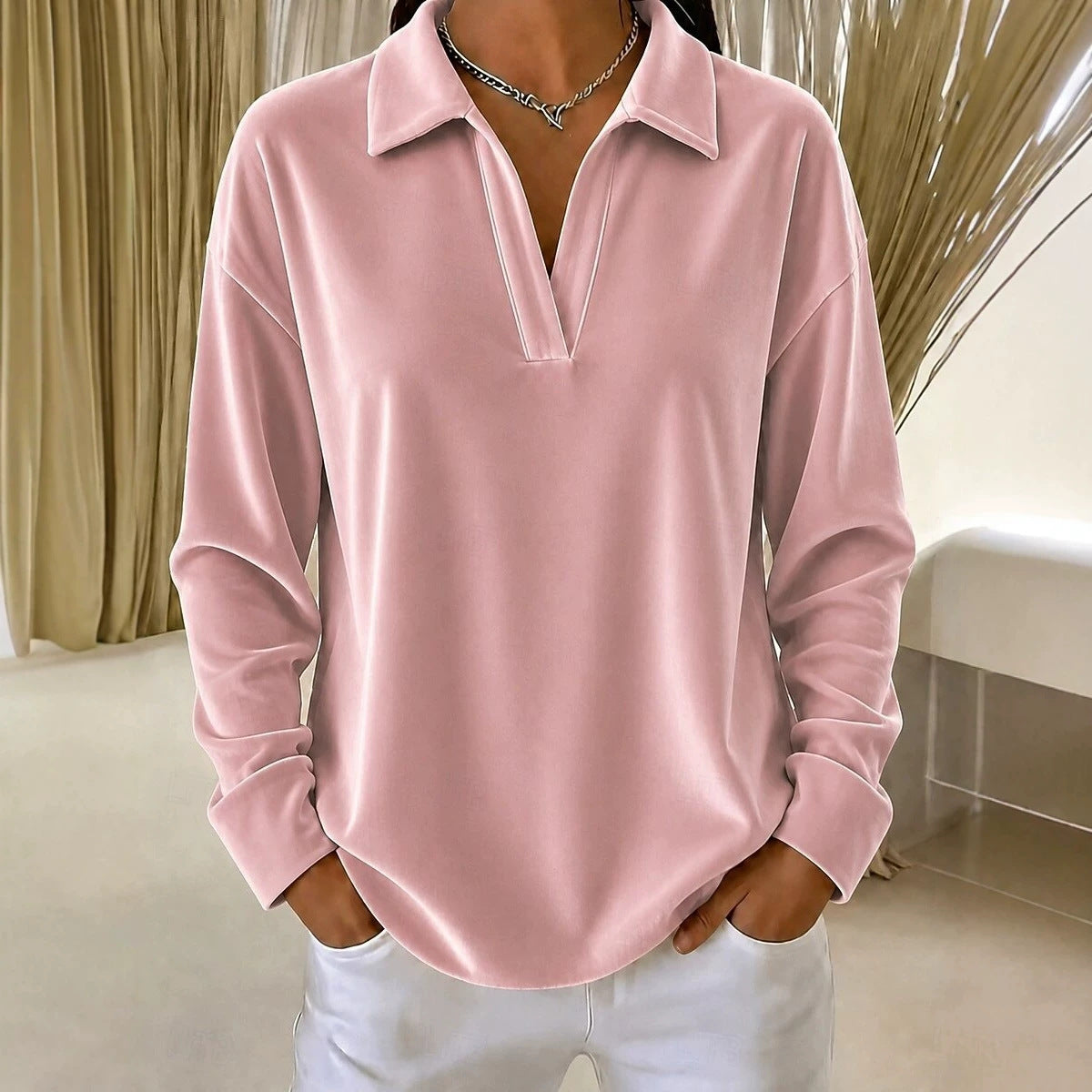 Women's Velvet Collared V-Neck Long Sleeve Casual Top