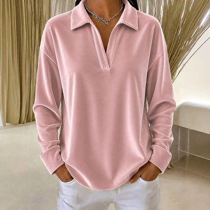 Women's Velvet Collared V-Neck Long Sleeve Casual Top