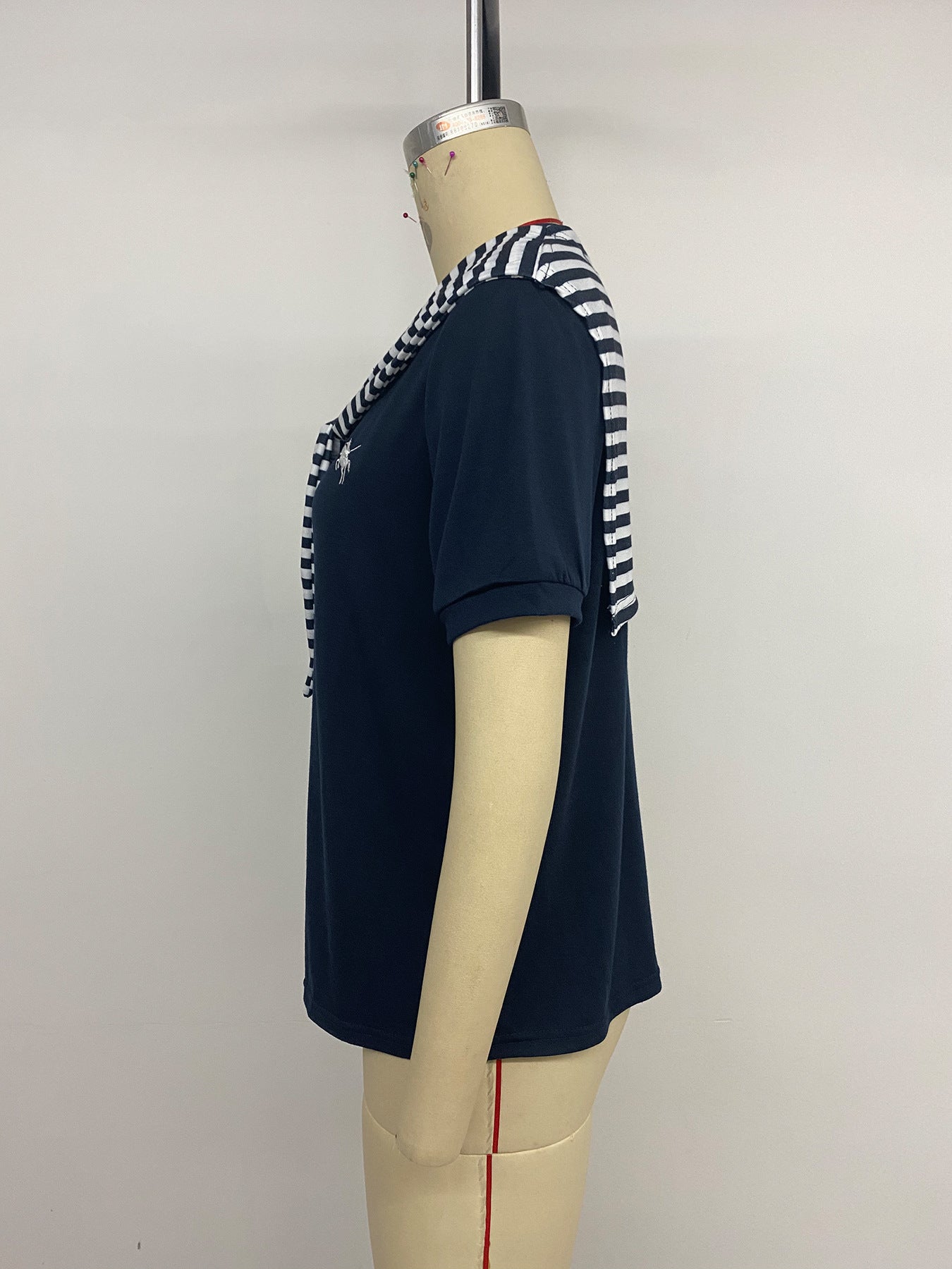 Navy Tee Striped Scarf Set Casual Short Sleeve Top