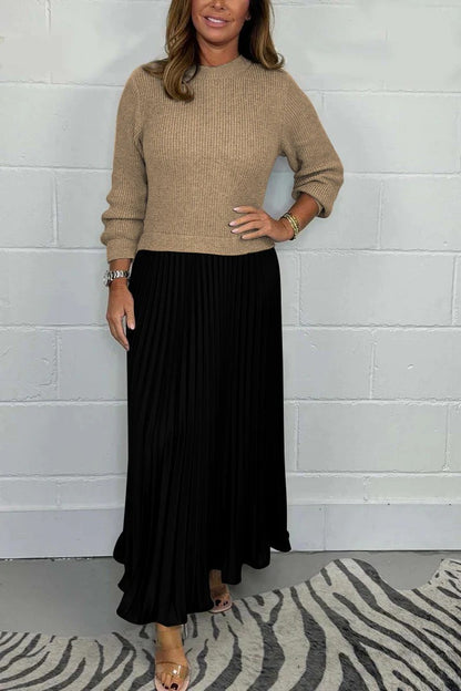 Ribbed Long Sleeve Colorblock Pleated Maxi Dress
