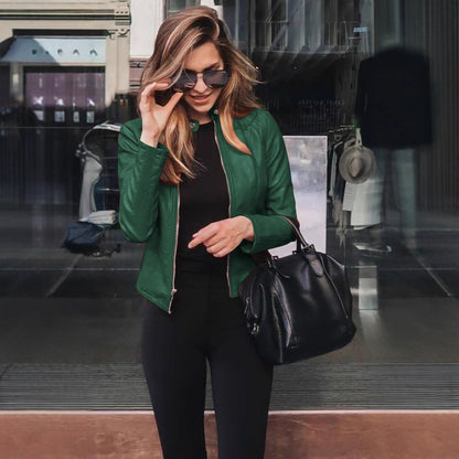 Women's Faux Leather Zip-Up Blazer Slim Fit Jacket