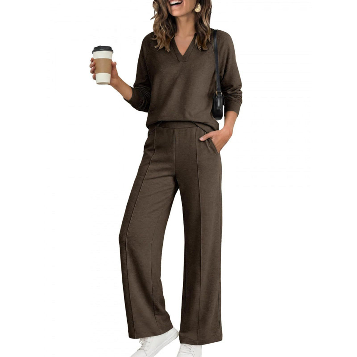 Women's V-Neck Top Wide Leg Pants 2 Piece Set