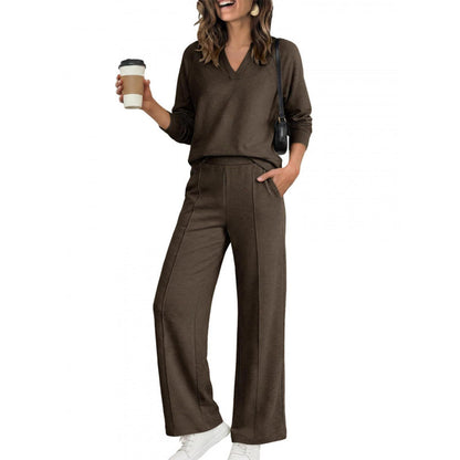 Women's V-Neck Top Wide Leg Pants 2 Piece Set