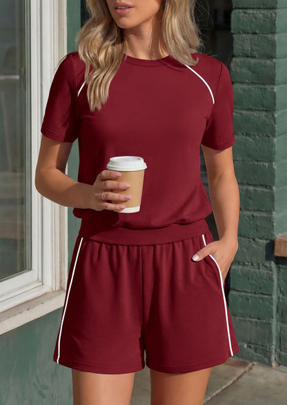 Athletic Lounge Set Contrast Trim Shorts 2 Piece Outfit