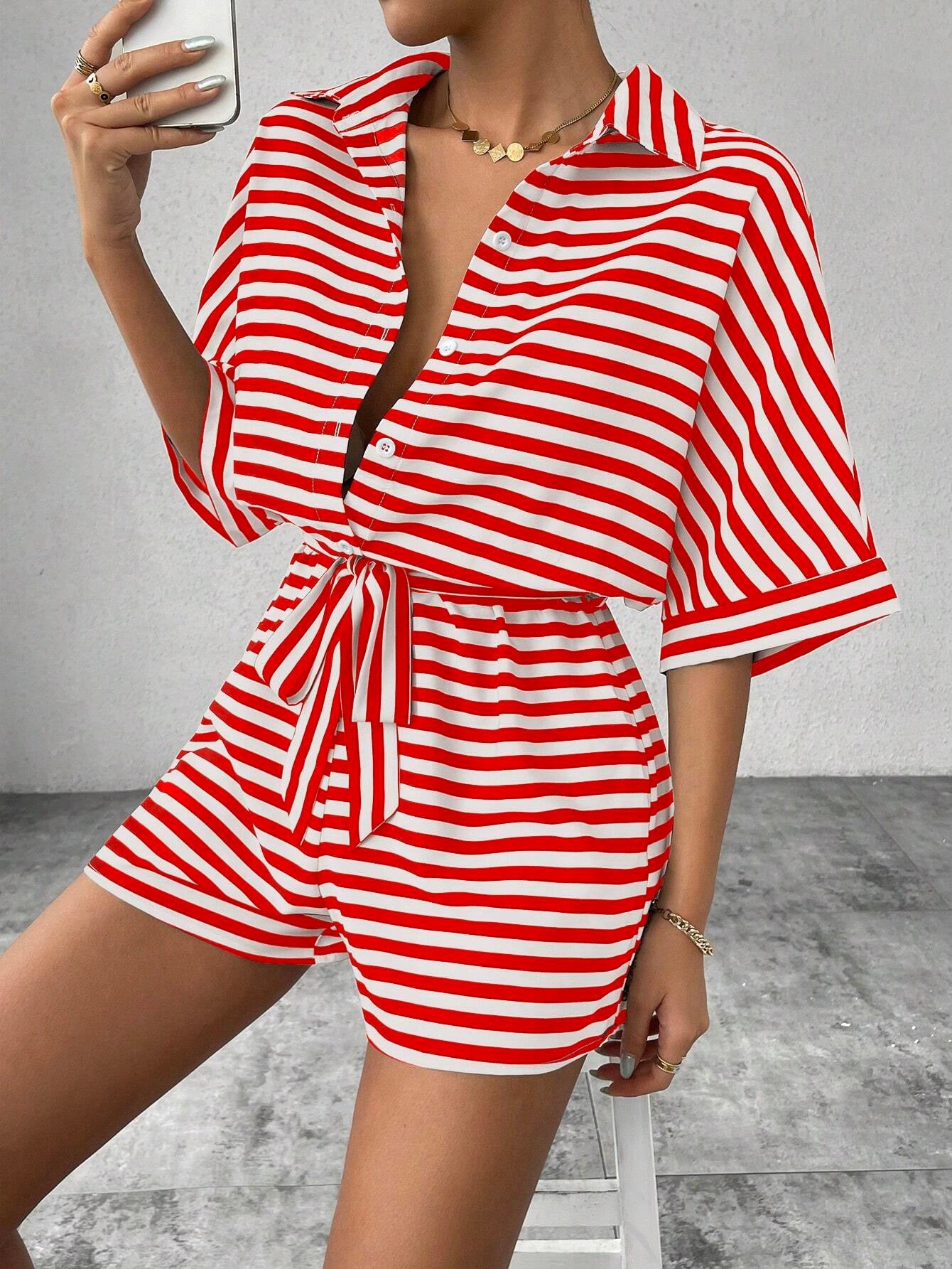 Striped Belted Button Down Romper with Half Sleeves