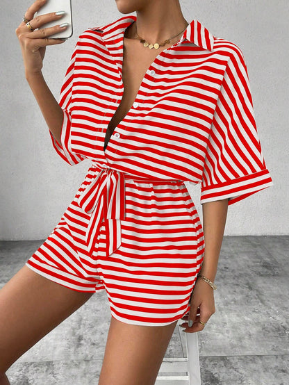 Striped Belted Button Down Romper with Half Sleeves