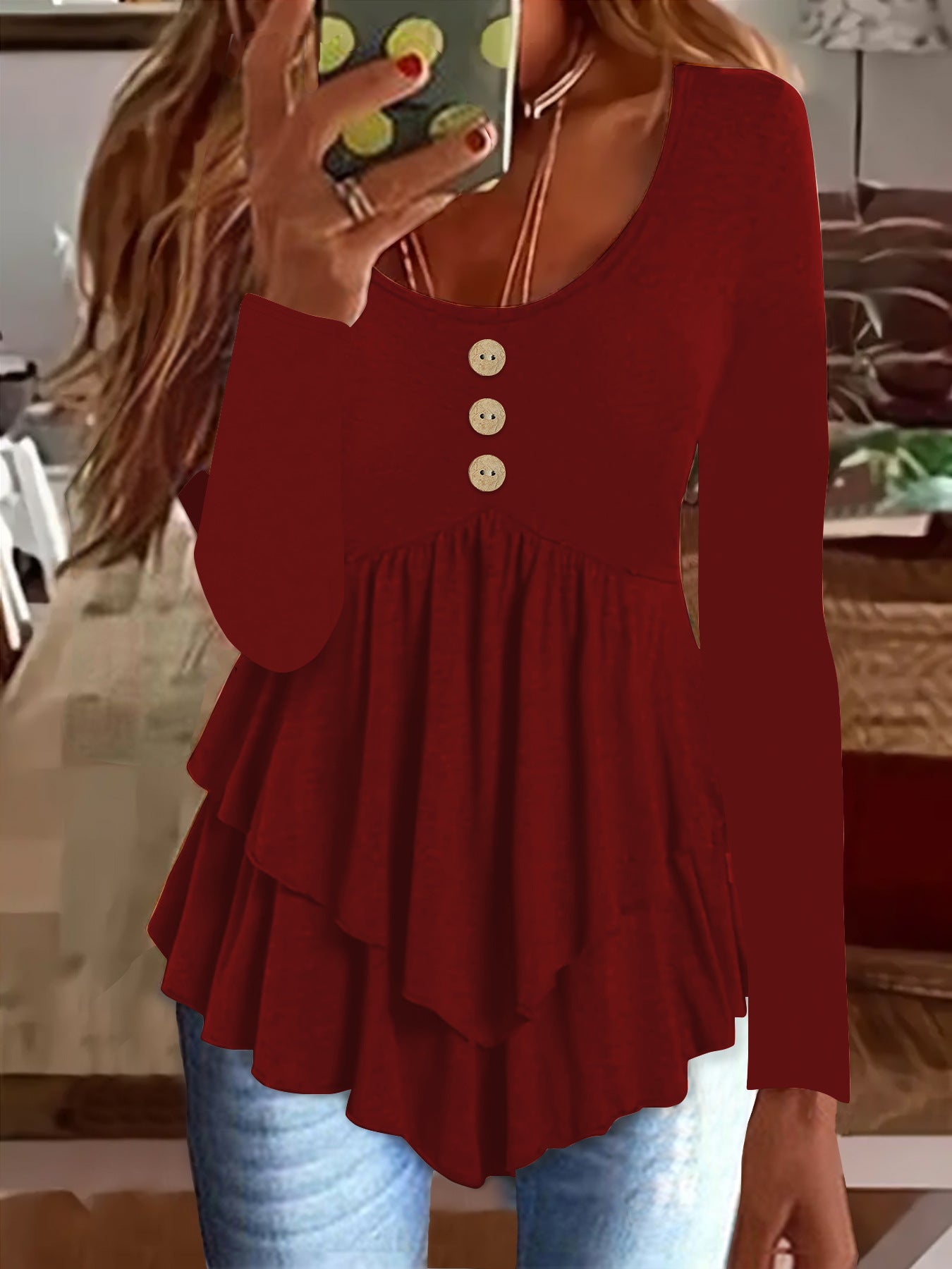 Women's Long Sleeve U-Neck Button Tiered Tunic Top