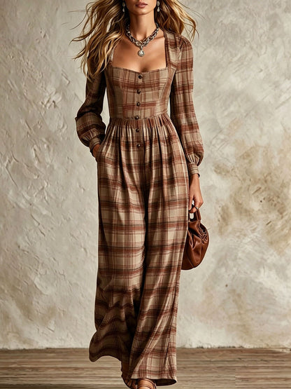 Vintage Plaid Square Neck Wide Leg Jumpsuit