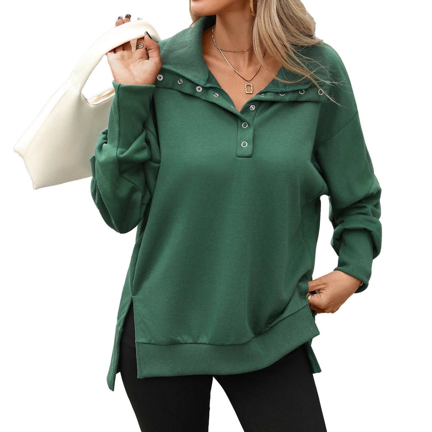 Women's Oversized Button Collar Sweatshirt Long Sleeve