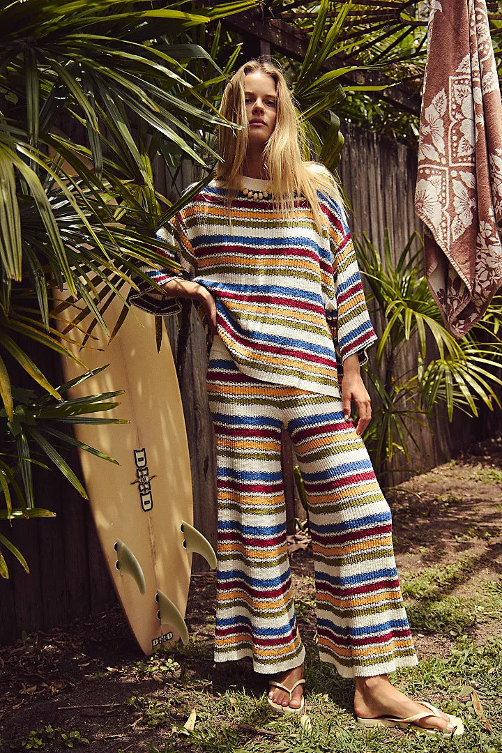 Boho Striped Knit Two Piece Set Wide Leg Pants