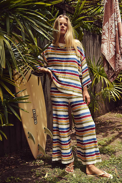 Boho Striped Knit Two Piece Set Wide Leg Pants