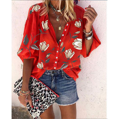 Women's Floral Print Puff Sleeve Button Down Blouse