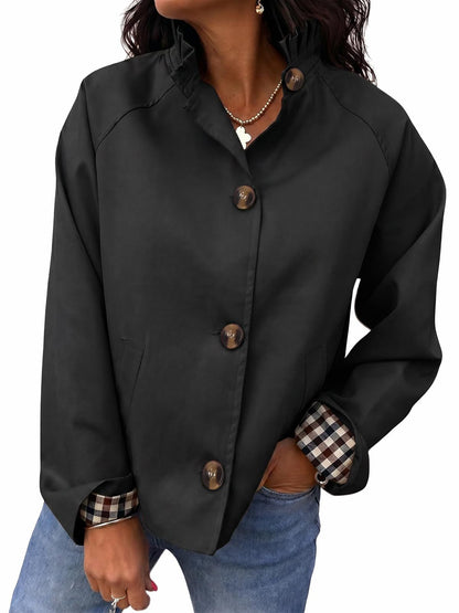 Women's Ruffle Stand Collar Button Front Jacket