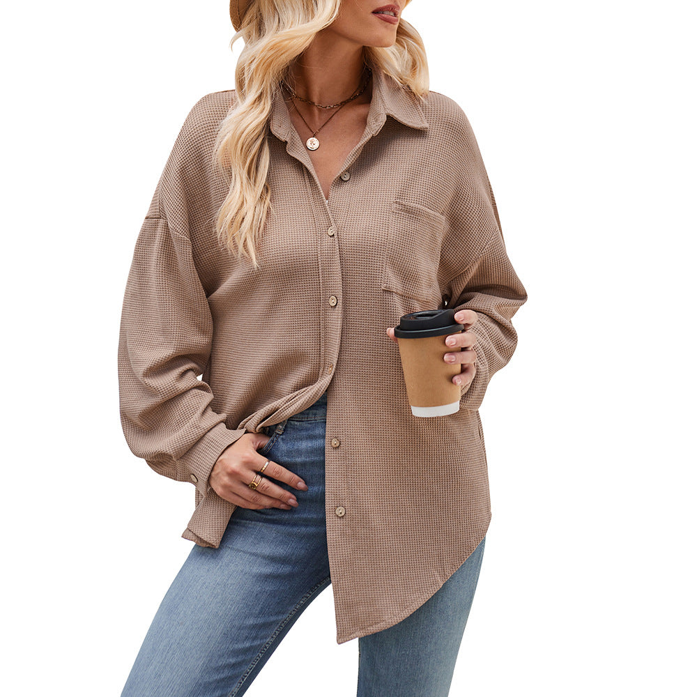 Women’s Casual Loose Fit Button Down Waffle Knit Shirt Jacket