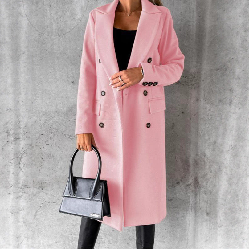 Women's Elegant Double Breasted Long Wool Overcoat