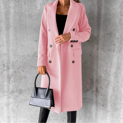 Women's Elegant Double Breasted Long Wool Overcoat