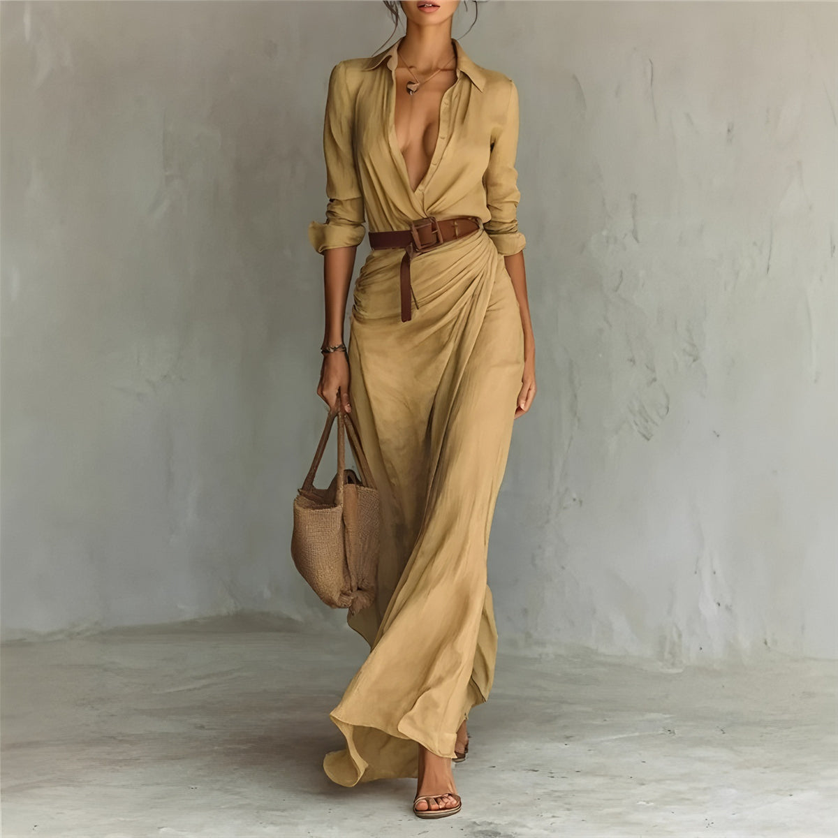 Elegant Belted Shirt Dress Long Sleeve Ruched Maxi