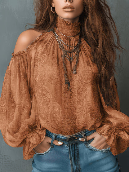 Cold Shoulder Paisley Blouse Balloon Sleeve Smocked Neck