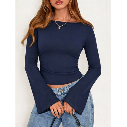Flare Sleeve Crop Top Y2K Slim Fit Crew Neck Tee