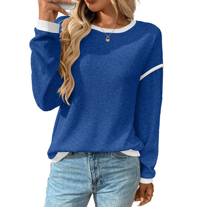 Contrast Trim Long Sleeve Waffle Knit Pullover