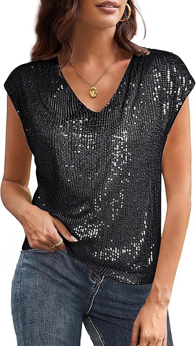 Sequin Sparkly V Neck Sequin Blouse with Raglan Sleeves