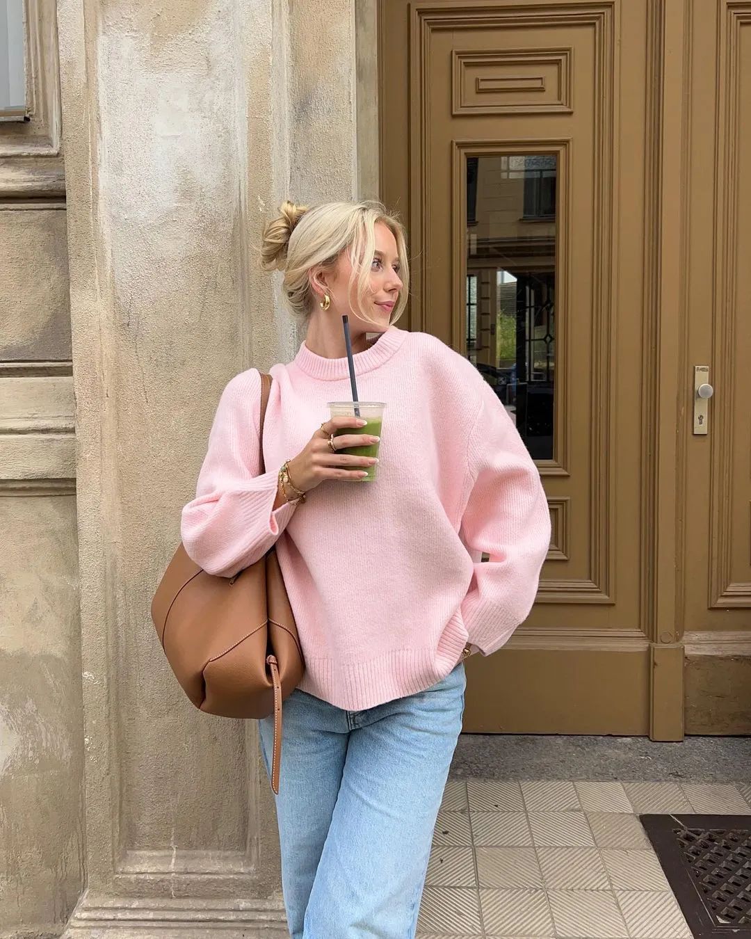 Women's Pink Oversized Crewneck Pullover Sweater